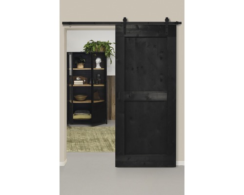 Set complet pour porte coulissante Barn Door Vintage MidBar noir droit 95x215 cm avec vantail, ferrure pour porte coulissante et jeu de poignées