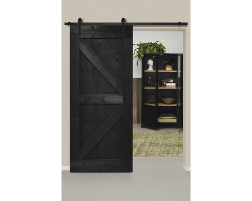 Set complet pour porte coulissante Barn Door Vintage Wales noir droit 95x215 cm avec vantail, ferrure pour porte coulissante et jeu de poignées