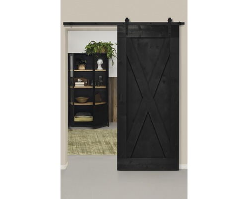 Schiebetür-Komplettset Barn Door Vintage schwarz XBrace gerade 95x215 cm inkl. Türblatt,Schiebetürbeschlag und Griff-Set