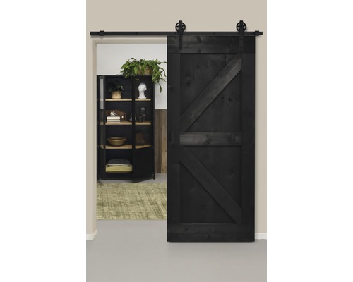 Kit complet de porte coulissante Barn Door Vintage noir apprêté, British rayons 95x215 cm avec vantail, ferrure pour porte coulissante, entretoise 40 mm et poignées