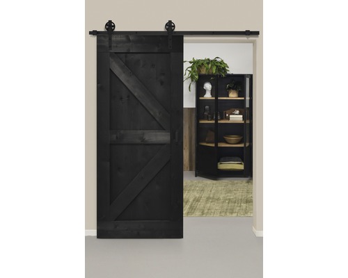 Set complet pour porte coulissante Barn Door Vintage Wales noir roue à rayons 95x215 cm avec vantail, ferrure pour porte coulissante et jeu de poignées