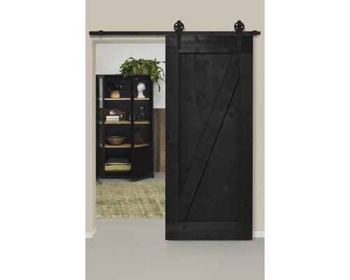 Set complet pour porte coulissante Barn Door Vintage ZBrace noir roue à rayons 95x215 cm avec vantail, ferrure pour porte coulissante et jeu de poignées