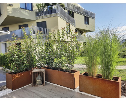 Pots de fleurs décoratifs en métal sur une terrasse devant un immeuble résidentiel.