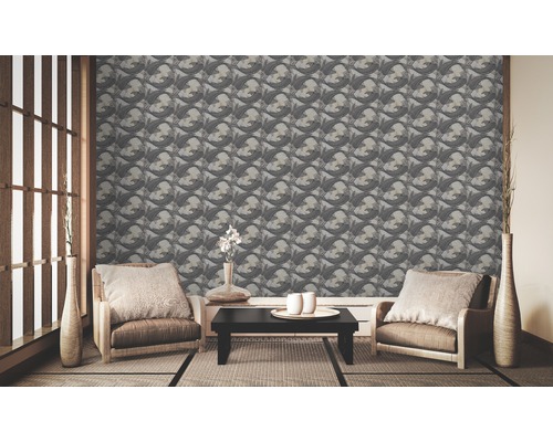 Salon avec papier peint à motif de poisson