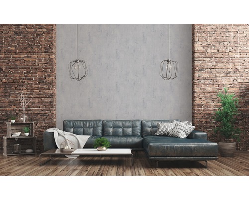 Salon avec canapé en cuir, table basse, étagères, plantes d''intérieur et mur de briques