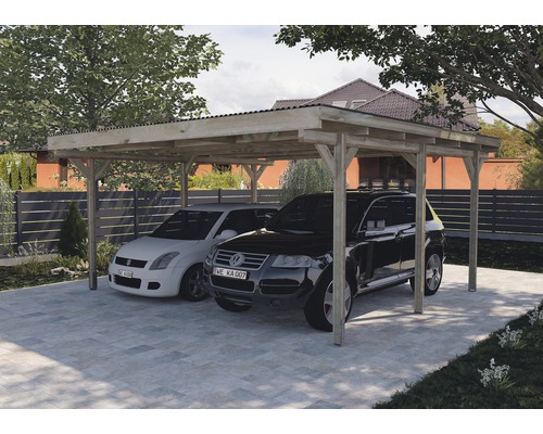 Carport double weka 616 500 x 500 cm traité en autoclave par imprégnation Double abri de voiture en bois avec deux voitures garées