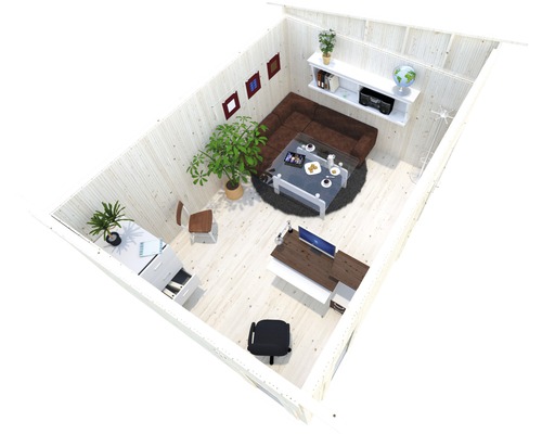 Vue intérieure d''une maison de jardin en bois avec mobilier de bureau et coin salon