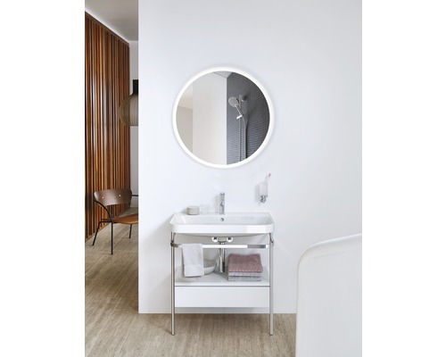 Salle de bains avec meuble sous-lavabo, vasque à poser et miroir rond