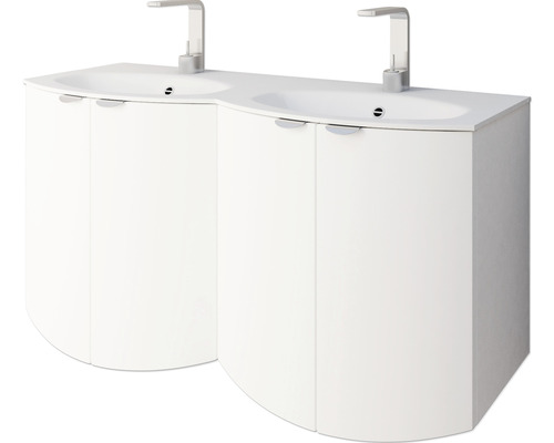 Double vasque avec meuble sous-vasque et robinets pour la salle de bain