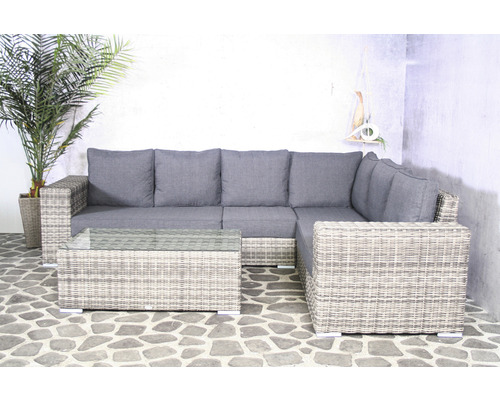 Loungeset Ecklounge Newcastle SenS-Line garden furniture Aluminium Glas Polyrattan 6 Sitzer 2 teilig weiß
