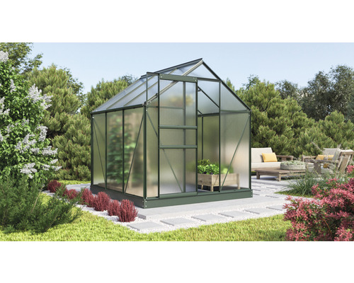 Gewächshaus Vitavia Comet 3800 Hohlkammerplatten 4 mm 195 x 195 cm smaragd Gewächshaus im Garten mit Pflanzen
