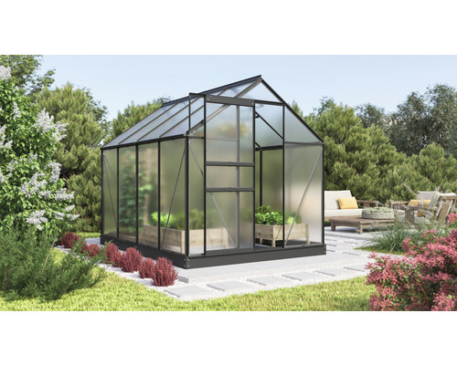 Gewächshaus Vitavia Comet 5000 Hohlkammerplatten 4 mm 195 x 257 cm schwarz Gewächshaus aus Polycarbonat im Garten mit Pflanzkästen und Steinfliesenweg