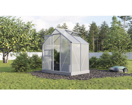 Serre Vitavia Planet 2500 panneaux alvéolés 6 mm 195 x 131 cm aluminium naturel Serre de jardin avec robot tondeuse