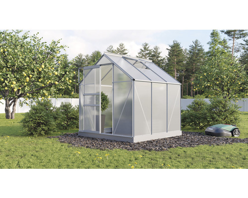 Serre Vitavia Planet 3800 panneaux alvéolés 6 mm 195 x 195 cm aluminium naturel Serre avec porte ouverte dans le jardin