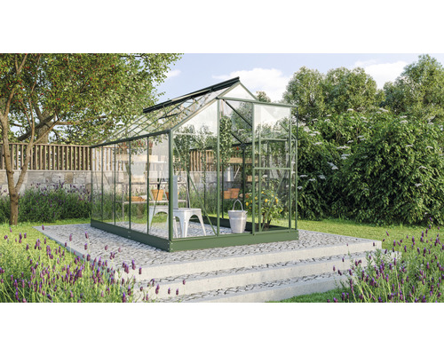 Serre de jardin avec plantes et outils de jardinage