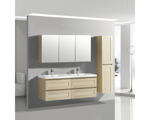 Modernes Badezimmer-Set mit Doppelwaschtisch, Spiegelschrank und Hochschrank für eine stilvolle Badeinrichtung.