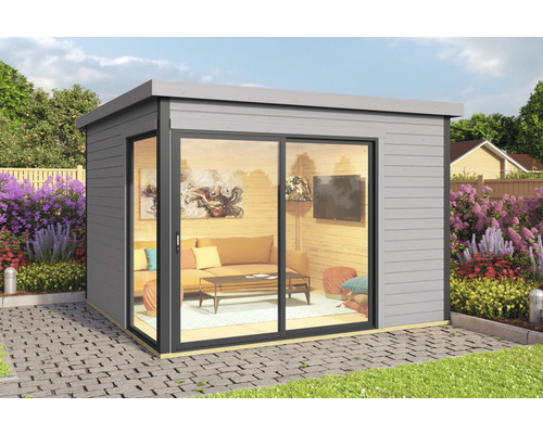 Gartenhaus weka Designhaus 412 Gr. 1 inkl. Fussboden 319,6 x 319,6 cm grau Modernes Gartenhaus mit Schiebetür und Inneneinrichtung