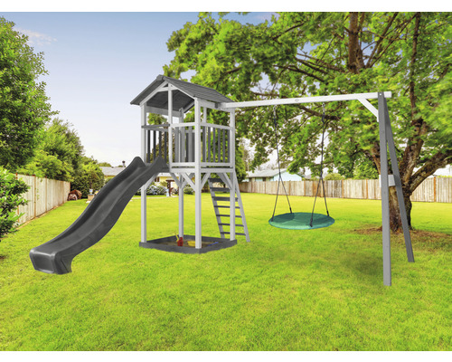 Aire de jeux avec toboggan, tour, bac à sable et balançoire pour le jardin