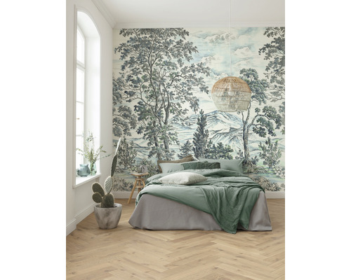 Schlafzimmer mit Landschaftstapete, Bett und Holzboden