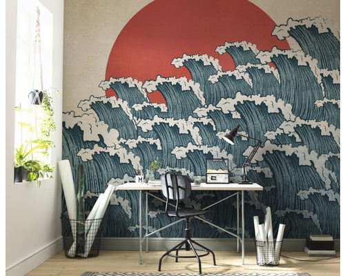 Bureau avec un papier peint photo à motif de vagues et soleil rouge.