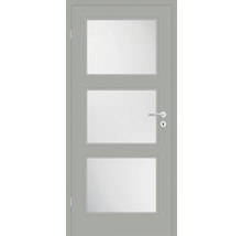 Porte intérieure grise avec trois panneaux de verre rectangulaires