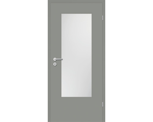 Graue Innentür mit Glaseinsatz, Türgriff und Schlüsselloch