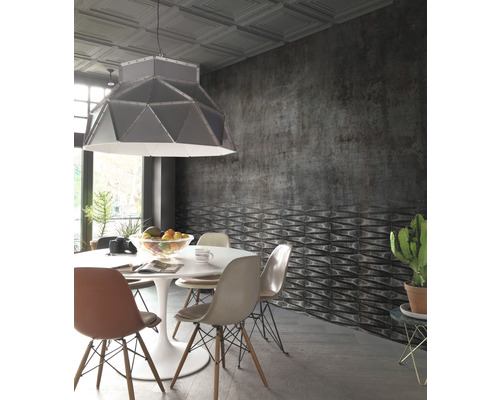 Salle à manger avec table, chaises et carreaux muraux au design moderne