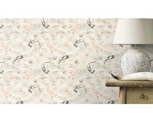 Papier peint avec motif de carpes, de nénuphars et de fleurs de lotus
