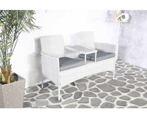 Gartensitzbank für zwei Personen mit integriertem Tisch und Sitzkissen