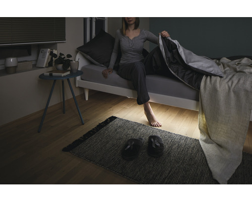 Schlafzimmer mit Bett, Nachttisch und Teppich für eine gemütliche Atmosphäre.