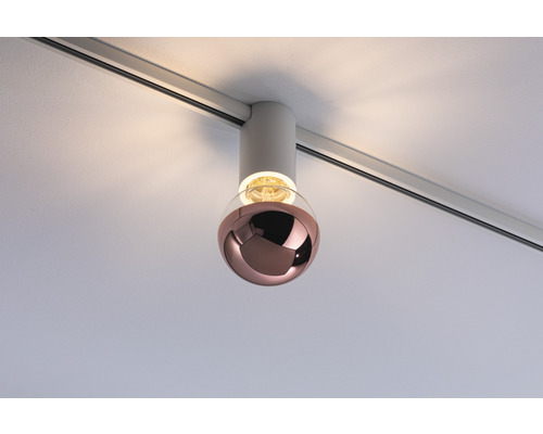 Deckenleuchte mit Schienensystem und kugelförmigem Lampenschirm