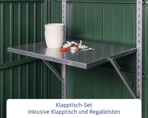 Klapptisch Set inklusive Klapptisch und Regalleisten im Geräteschuppen mit Blumentöpfen und Gartenhandschuhen