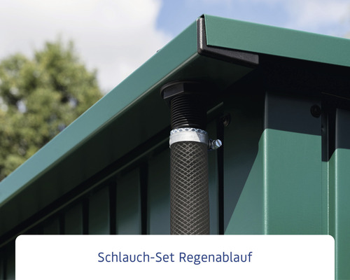Regenablauf Schlauchset an einem Gartenhaus