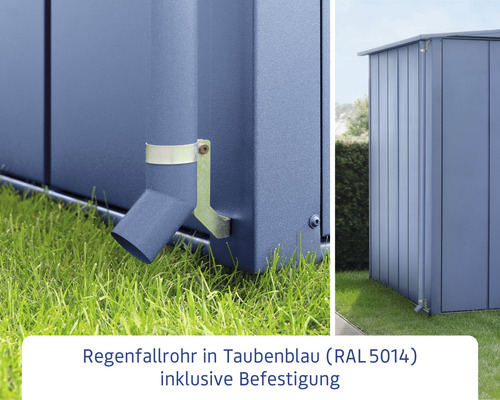 Regenfallrohr in Taubenblau mit Befestigung an einem Gartenhaus