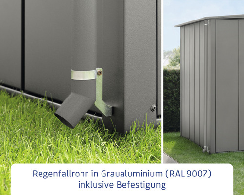 Regenfallrohr aus Aluminium mit Befestigung am Gerätehaus