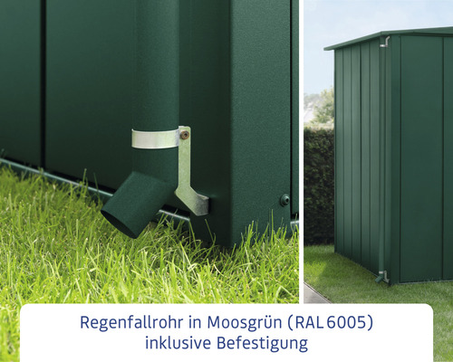 Moosgrünes Regenfallrohr mit Befestigung am Gartenhaus
