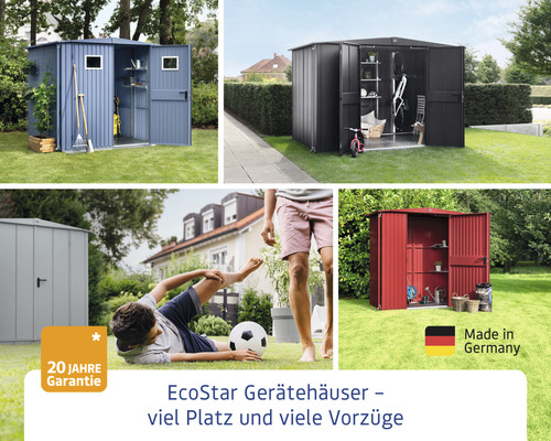 Mehrere EcoStar Gerätehäuser in verschiedenen Farben und Größen im Garten.