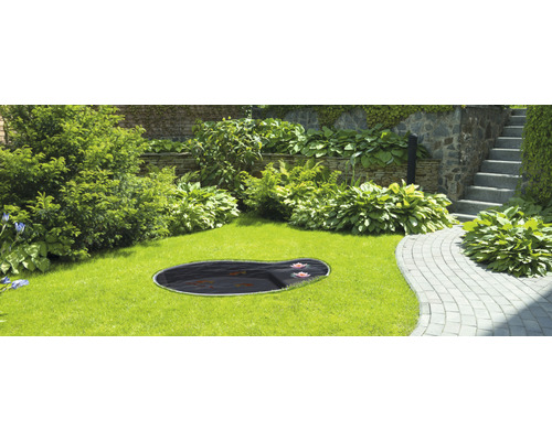 Scène de jardin avec bassin, entouré de gazon et de plantations