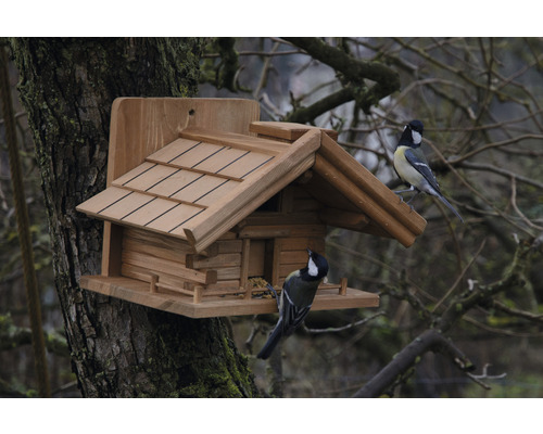 Nichoir en bois avec deux mésanges