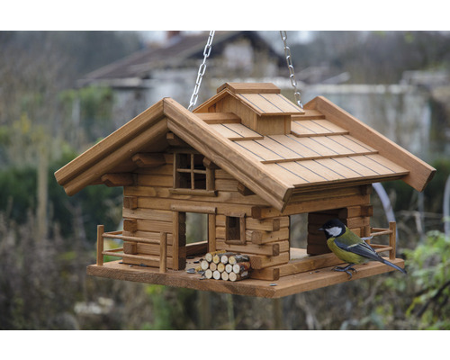 Mangeoire à oiseaux style chalet avec mésange