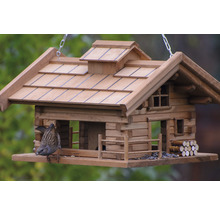 Mangeoire en bois style chalet avec oiseau