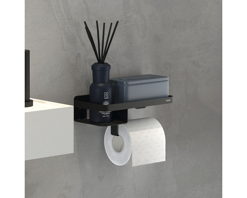 Porte-papier toilette noir avec étagère de rangement pour montage mural, comprenant du papier toilette, des bâtonnets parfumés et une boîte de rangement