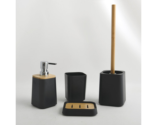 Set de salle de bain quatre pièces avec distributeur de savon, gobelet, porte-savon et brosse de toilette