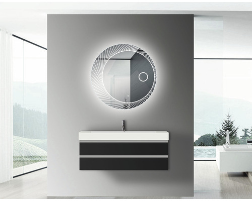Salle de bains avec meuble sous-vasque, lavabo et miroir rond avec éclairage