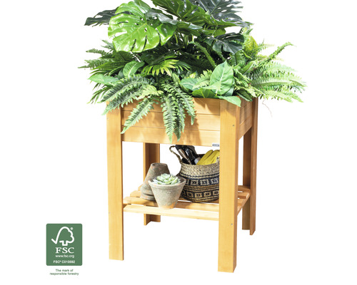 Jardinière sur pieds en bois avec plantes et accessoires de jardinage