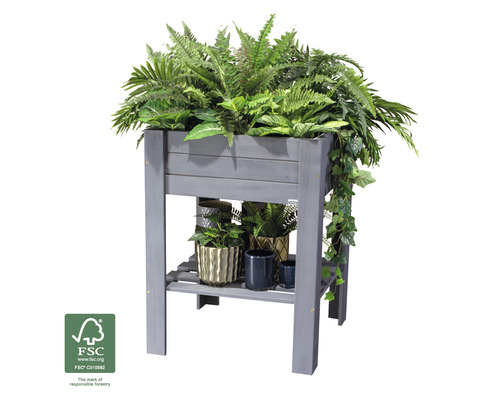 Jardinière sur pieds en bois avec étagère et plantations