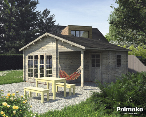 Gartenhaus Palmako Irene inkl. Fussboden 565 x 598 cm tauchgrundiert grau Garten mit Holzgartenhaus, Tisch und Bänken sowie einer Hängematte