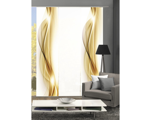 Salon avec rideaux coulissants au design abstrait