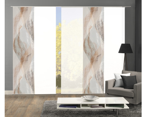 Salon avec rideaux coulissants à motif ondulé