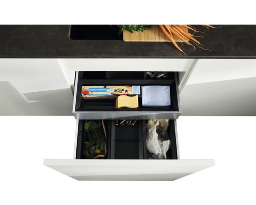 Tiroir avec système de tri des déchets et ustensiles de cuisine